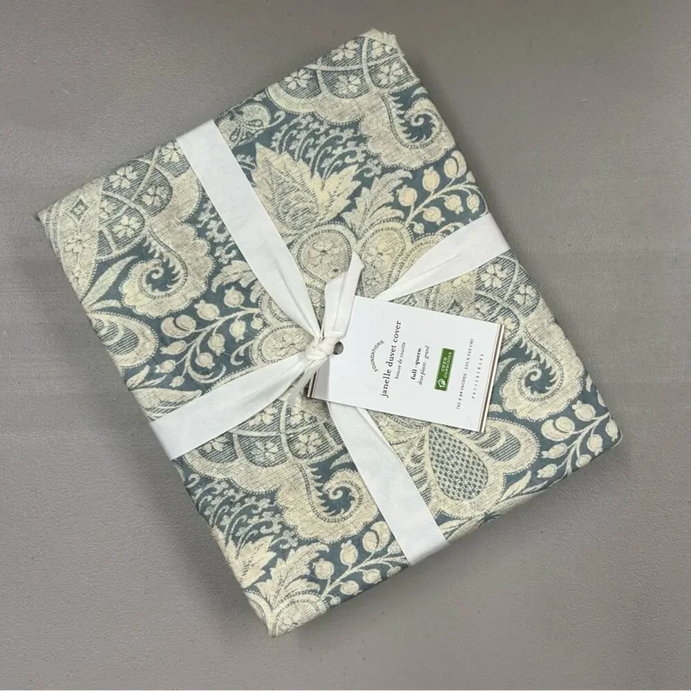 Pottery Barn Janelle Scroll Print Damask Blue Cream Duvet Cover Full / Queen NWT